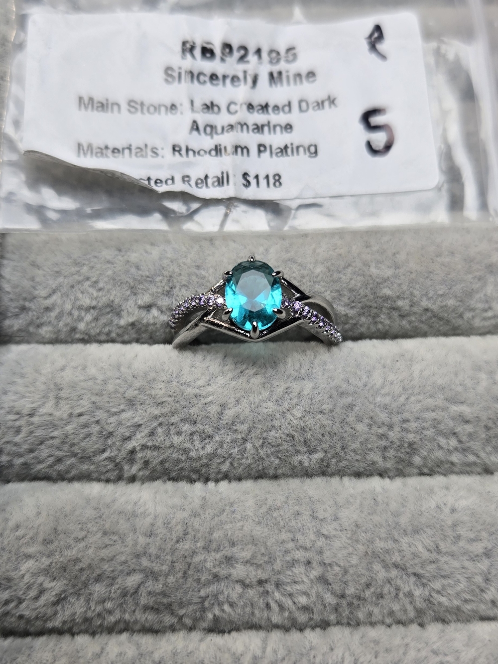 New! Size 5 Aquamarine Crystal Lavender Cubic Zirconia Rhodium Plated Bomb Party